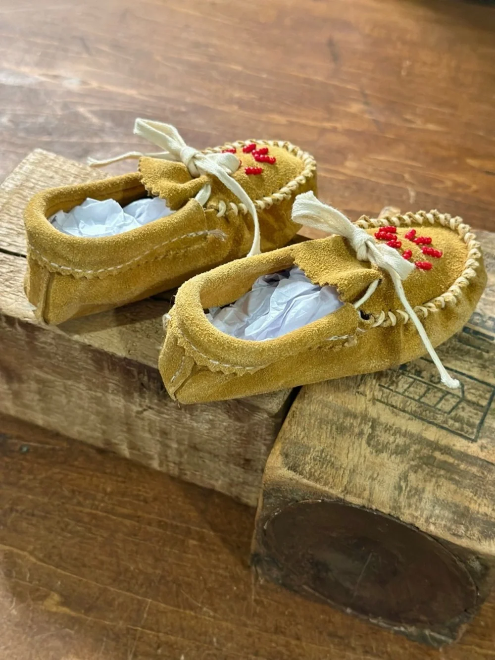 Vintage Leather Baby Moccasins Tan and White Size 3 and 1